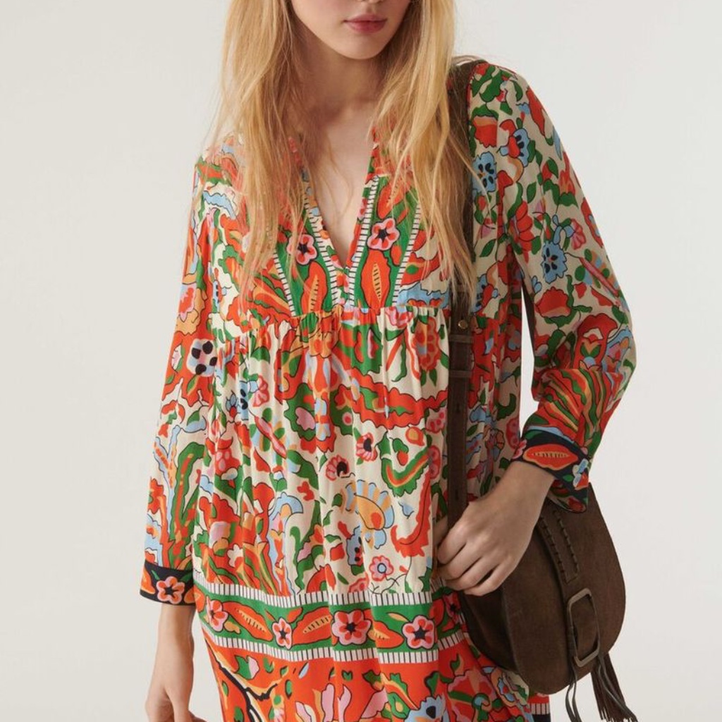 Ba&Sh Orange Green Pleated Ruffled Sundress